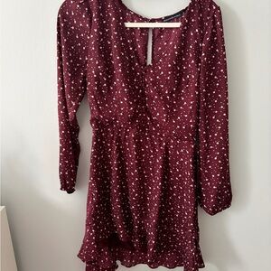Abercrombie & Fitch Burgundy Long-Sleeve V-Neck Dress with Cream Dot Print